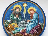 Die heilige Familie mit Stern, Glastaler blau mattiert, 10 cm