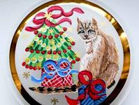 Katze mit Baum und Geschenken, Glastaler durchsichtig, 10 cm