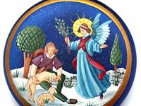 Der Engel und der Schäfer, Glastaler blau mattiert, 10 cm