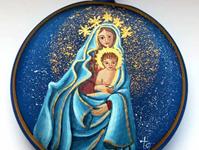 Madonna mit Kind 2, Glastaler blau mattiert, 10 cm