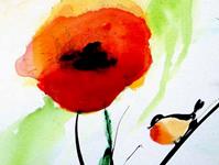 Mohn mit Vogel, 35 x 55 cm, Acryl auf Leinwand, nach Methode Heidi Reil