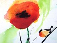 "Mohn mit Vogel" 34 x 54 cm, Acryl auf Leinwand, Naß-Acryltechnik in Anlehnung an Methode Heidi Reil